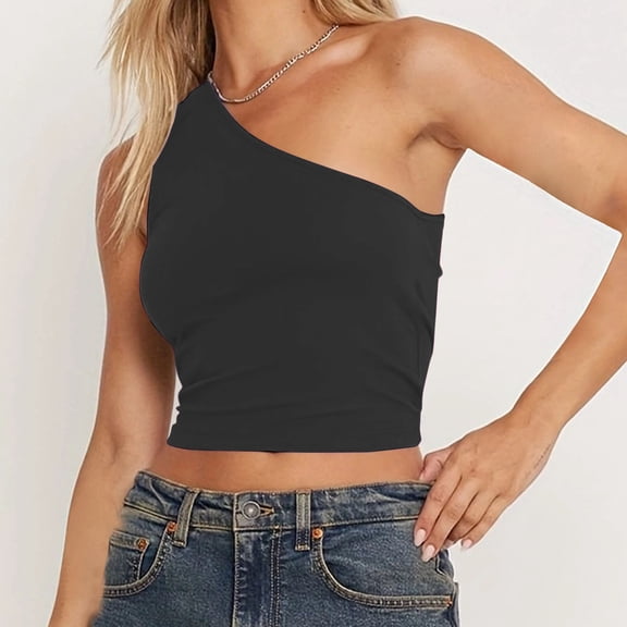 Jerdar Women One Shoulder Going Out Hot Girl Tank Top Double Lined Ruched Sleeveless Y2k Cute Summer Top L
