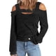 thumbnail image 2 of ICHUANYI Clearance Women's Cusal Round Neck Leaky Shoulder Long Sleeve Lightweight Sweatshirts Solid Color Hedging Tops(Black, M) ICHUANYI WER2023081201569, 2 of 5