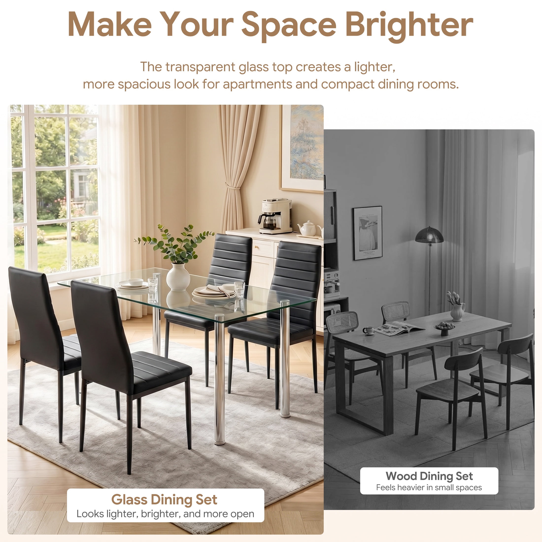 UHOMEPRO Black Kitchen Table Set, 5 Pieces Dining Table Set, Tempered Glass Dining Table and Chairs Set for 4, Upgraded Iron Dining Room Table Set with 4 PU Leather Chairs