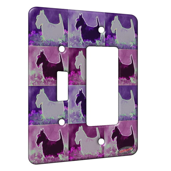 KuzmarK™ 2 Gang Single Toggle / Single Duplex Rocker Wall Plate - Black Scottish Terrier with Blue Flowers Scottie Dog Electric Art by Denise Every