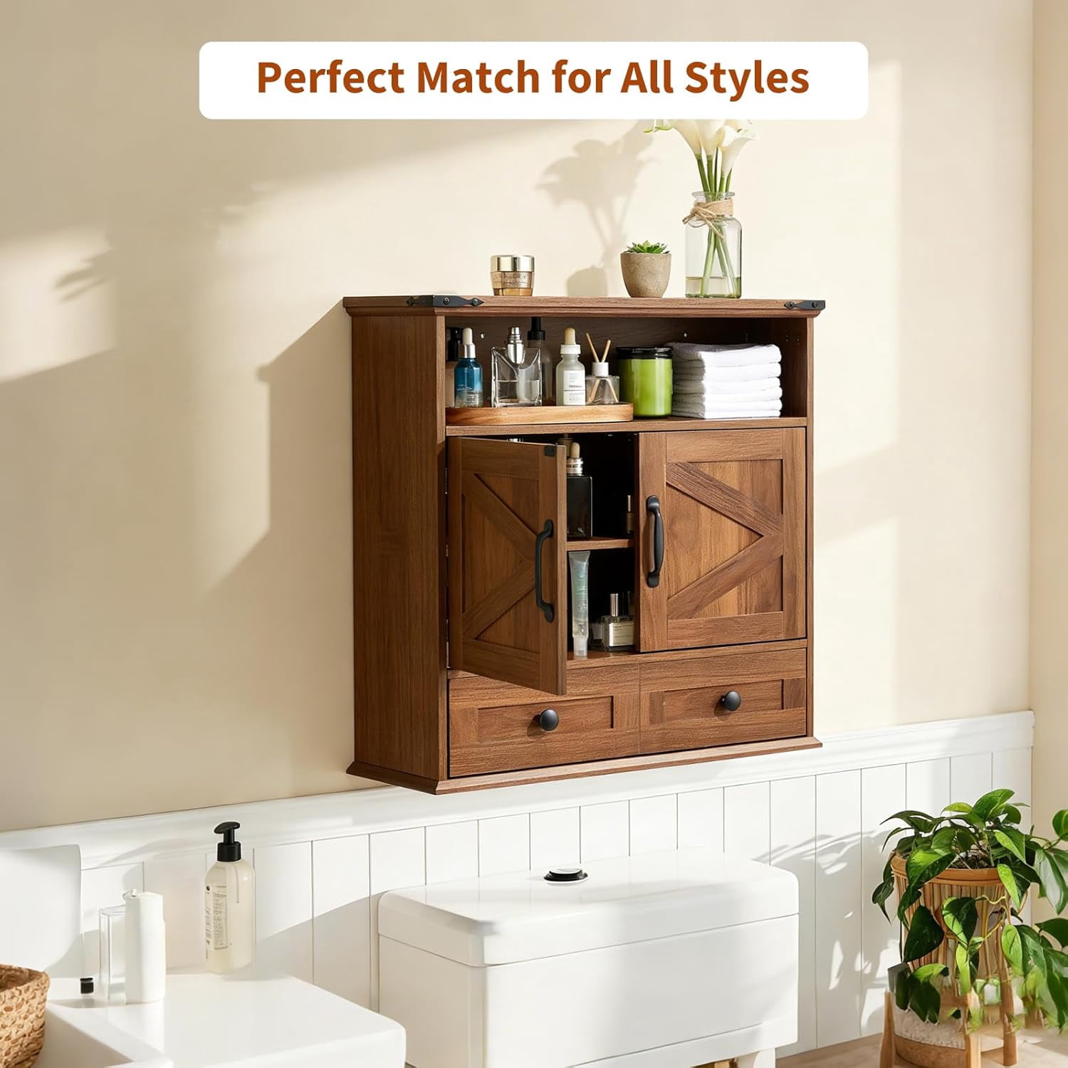 25" Wide Wall-Mounted Bathroom Cabinet with Barn Doors, Over-Toilet Storage with Adjustable Shelf & Drawer, Hanging Cabinet for Bathroom, Kitchen, Laundry, or Entryway