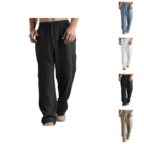 Cotton Linen Sweatpants for Men 2025 Solid Color Drawstring Elastic Waist Breathable Loose Casual Pants Trousers