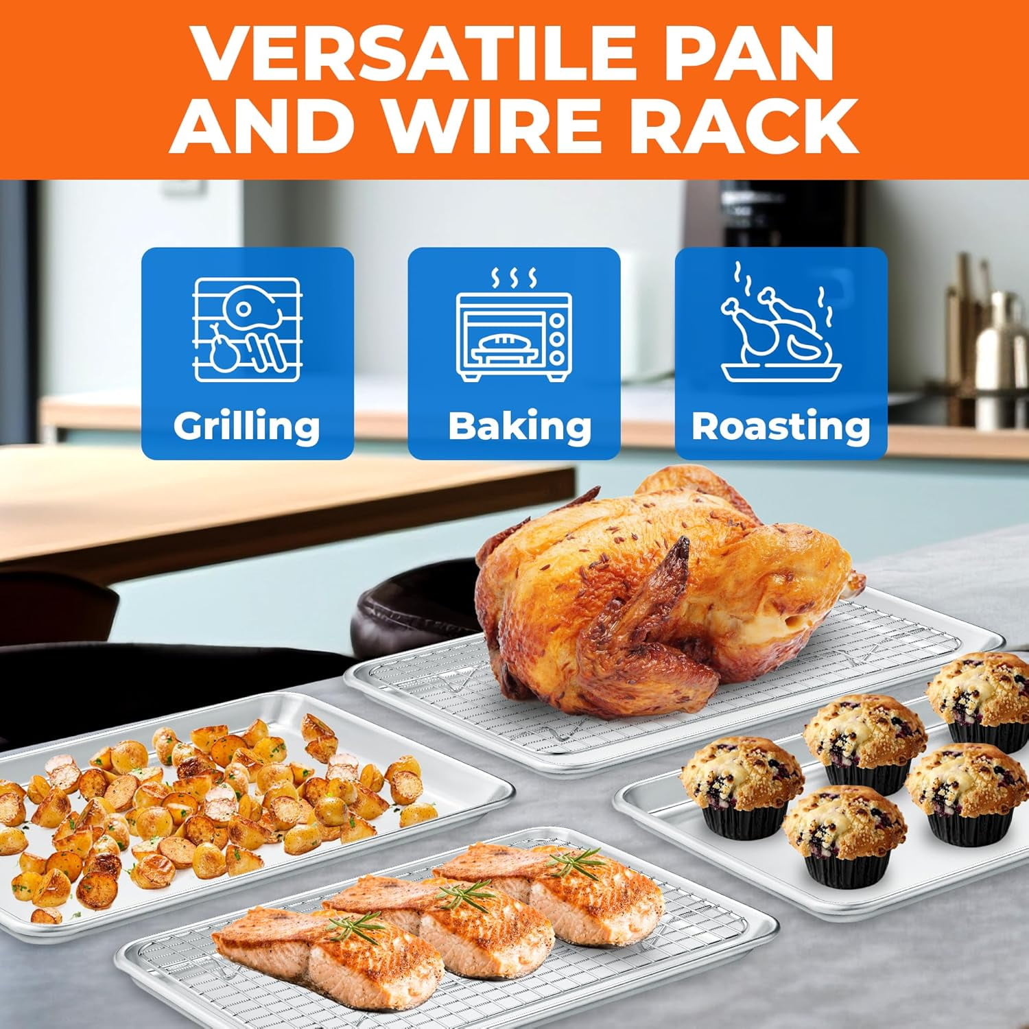 Baking Pan Set - 13" x 18" Aluminum Baking Pan with Stainless Steel Cooling Rack Set, Recipe Booklet Included, Oven Safe Tray, Resist Heat Up to 500° F, Set of 2