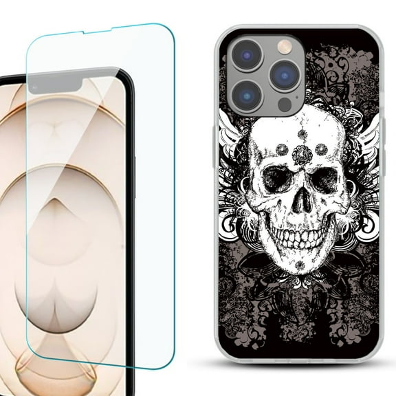 OneToughShield ® for iPhone 15 Pro Max Shockproof Fashion Phone Case, with Tempered Glass Screen Protector - Grunge Skull