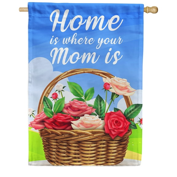 America Forever Happy Mother's Day Flower Basket House Flag 28 x 40 inches Red Rose Flowers Green Leaves Double Sided Holiday Seasonal Yard Outdoor Decorative Love My Mom Flag