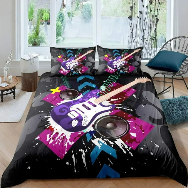 Housse de Couette Rock Musique Très Grand Ensemble de Literie Jazz Musique pour Adolescents Housse de Couette Graffiti Hip Hop Notes de Musique Polyester