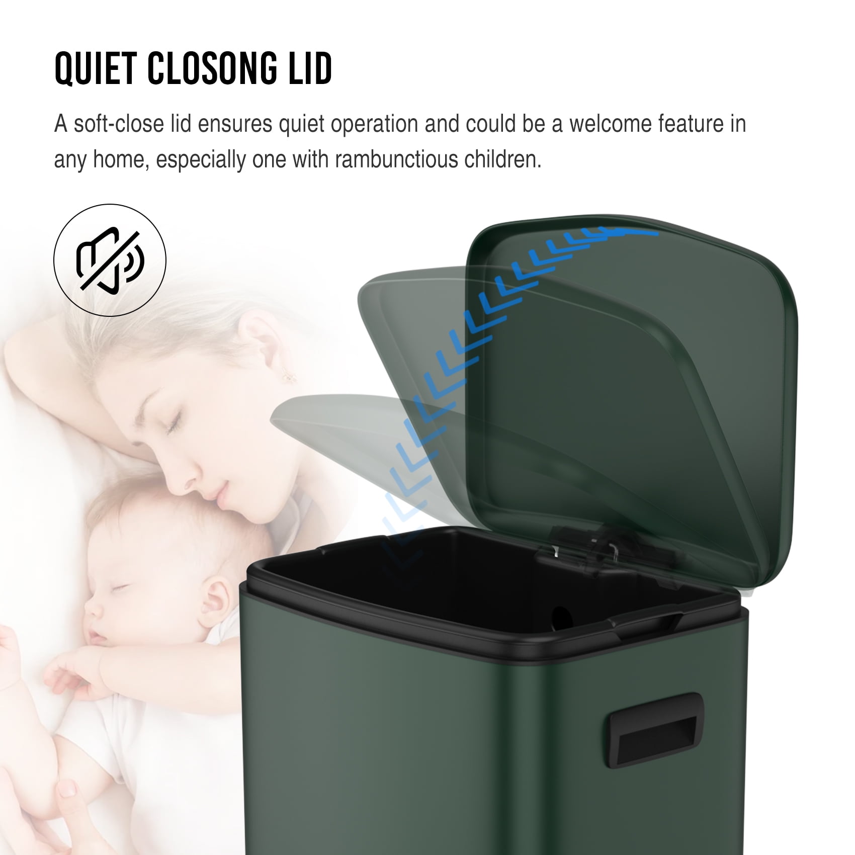 Miniyam 50L/13Gal Hands-Free Stainless Steel Trash Can with Foot Pedal, Fingerprint-Resistant Soft Close Lid Garbage Can, Green