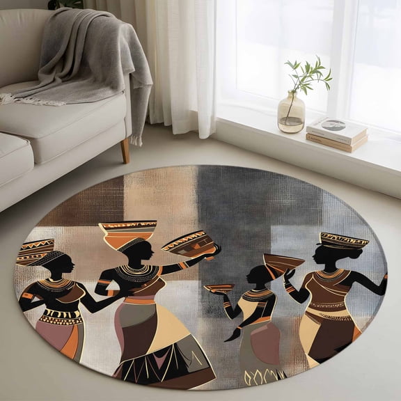 Round Rugs 4Ft, Black Brown Girls Boho Round Area Rug Washable Indoor Throw Carpet, Grey Vintage Ethnic Abstract Art Soft Non Slip Circle Rug for Kitchen Nursery Room Home Decor Aesthetic