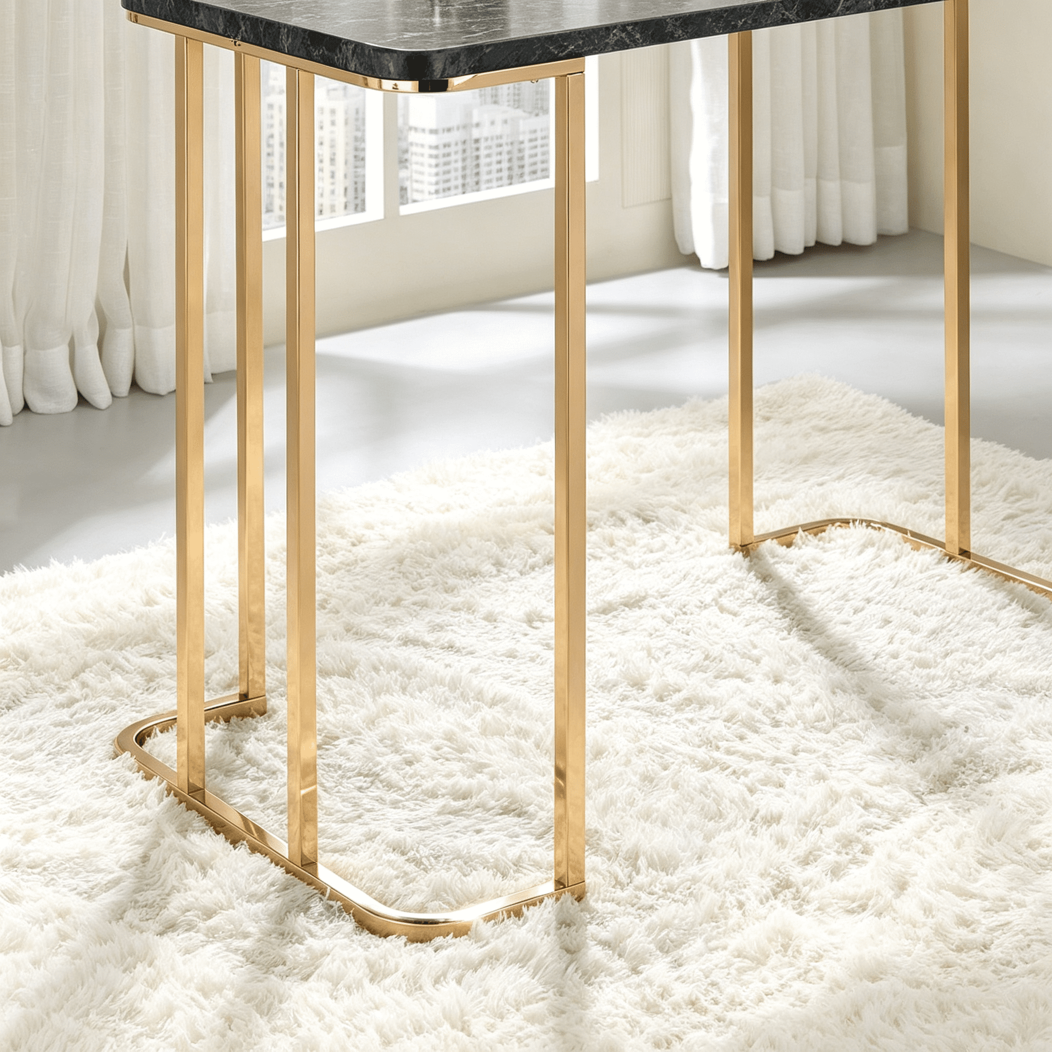 Astoutdoor Contemporary Desk with Faux Marble Top and Metal Frame, USB Port, Gold and Black Finish