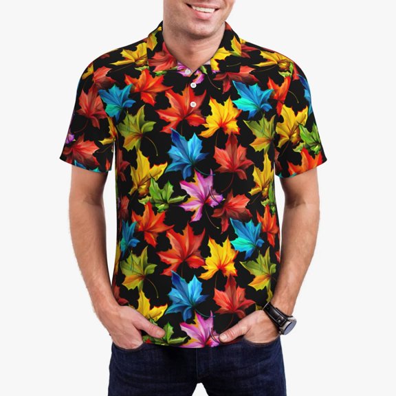 Kdxio Rainbow Colorful Maple Leaves Print Men's Short Sleeve Polo Shirt,Midweight Men's Shirt-Small