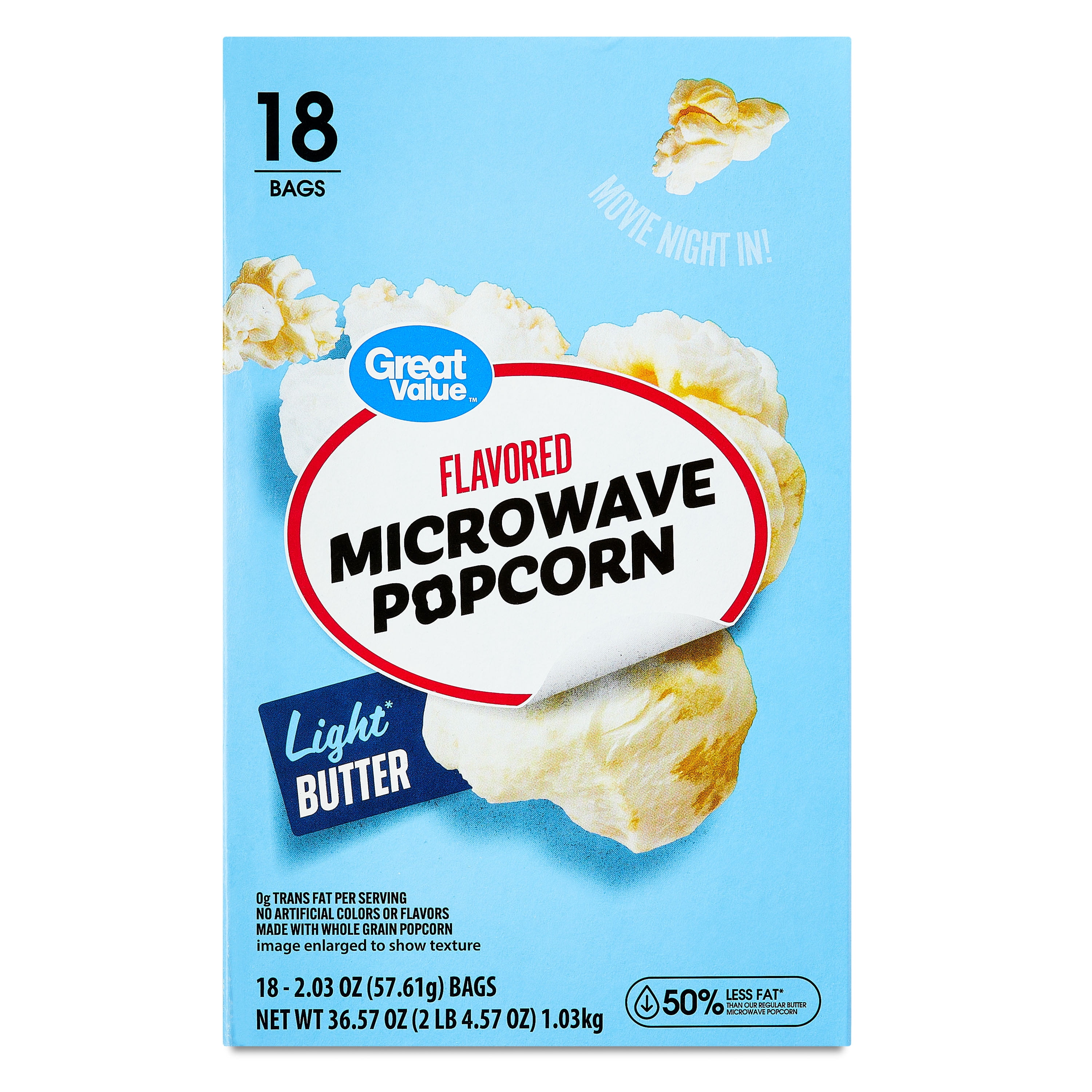 (4 pack) Great Value Light Butter Flavored Microwave Popcorn, 2.03 oz, 18 Count