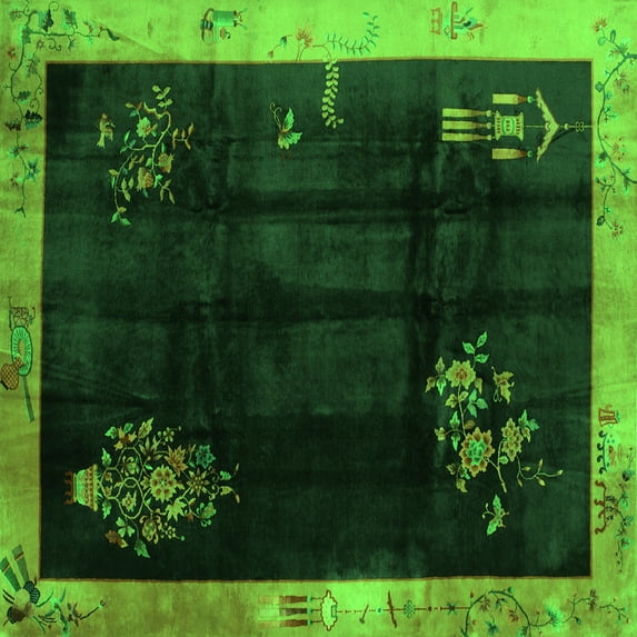 Ahgly Company Indoor Square Oriental Green Asian Inspired Area Rugs, 4' Square