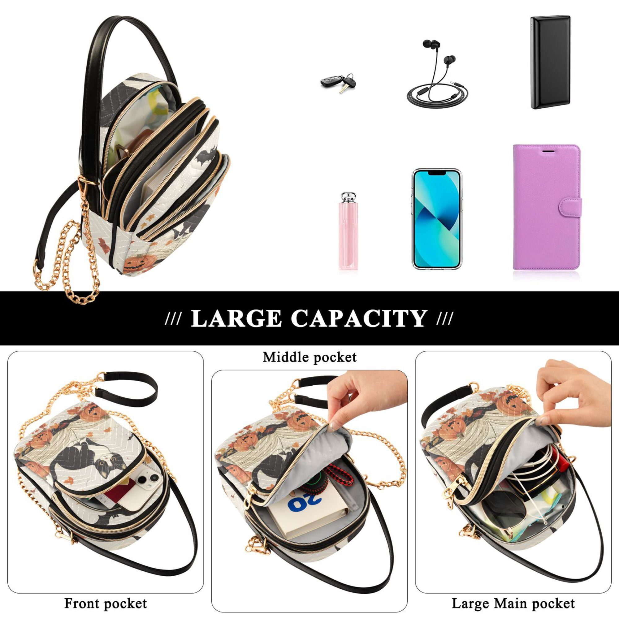 FORMRS Crossbody Bag for Women Quilted Travel Shoulder Cell Phone Purse with Chain Strap Handbag, Gray Cartoon Halloween Cat