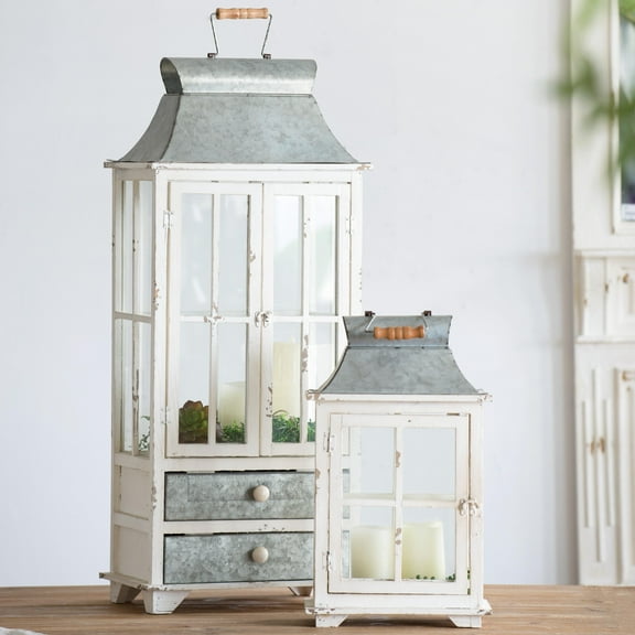 Llinc Store 2 Pack Novelty Farmhouse Candle Lantern Decorative, Indoor&Outdoor Hurricane Lantern Holder Decor with Drawer for Gift, Yard, Garden, Patio, Balcony, Porch, Party