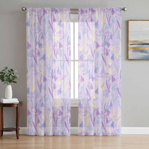 Purple Floral Retro Sheer Curtains 84 Inch Length 2 Panels Set, Abstract Vintage Floral Botanical Voile Window Treatment Rod Pocket Curtains Sheers Drapes for Bedroom/Living Room/Kitchen 52"x84"x2