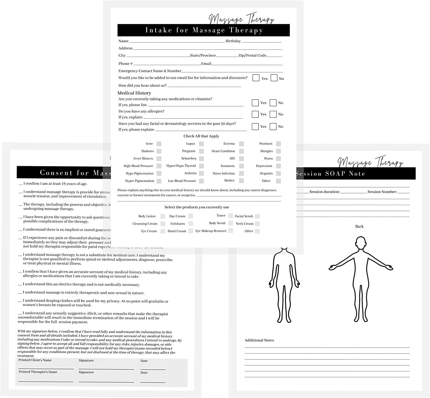 Massage Therapist Consent, Intake & Soap Note Forms 75 Pack 8.5 x 11