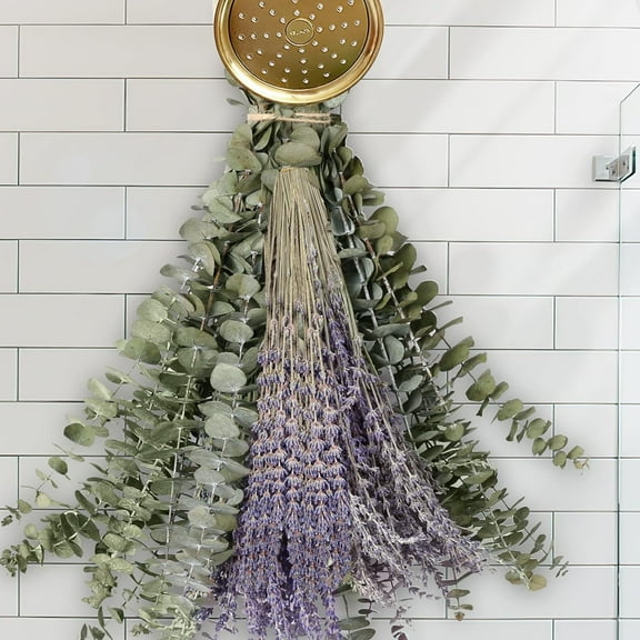 115 PCS Dried Eucalyptus Stems & Lavender Flowers Bundle for Shower, 17'' Natural Hanging Eucalyptus Leaves Stem & Lavender Shower Plant, Home Office Wedding Decor
