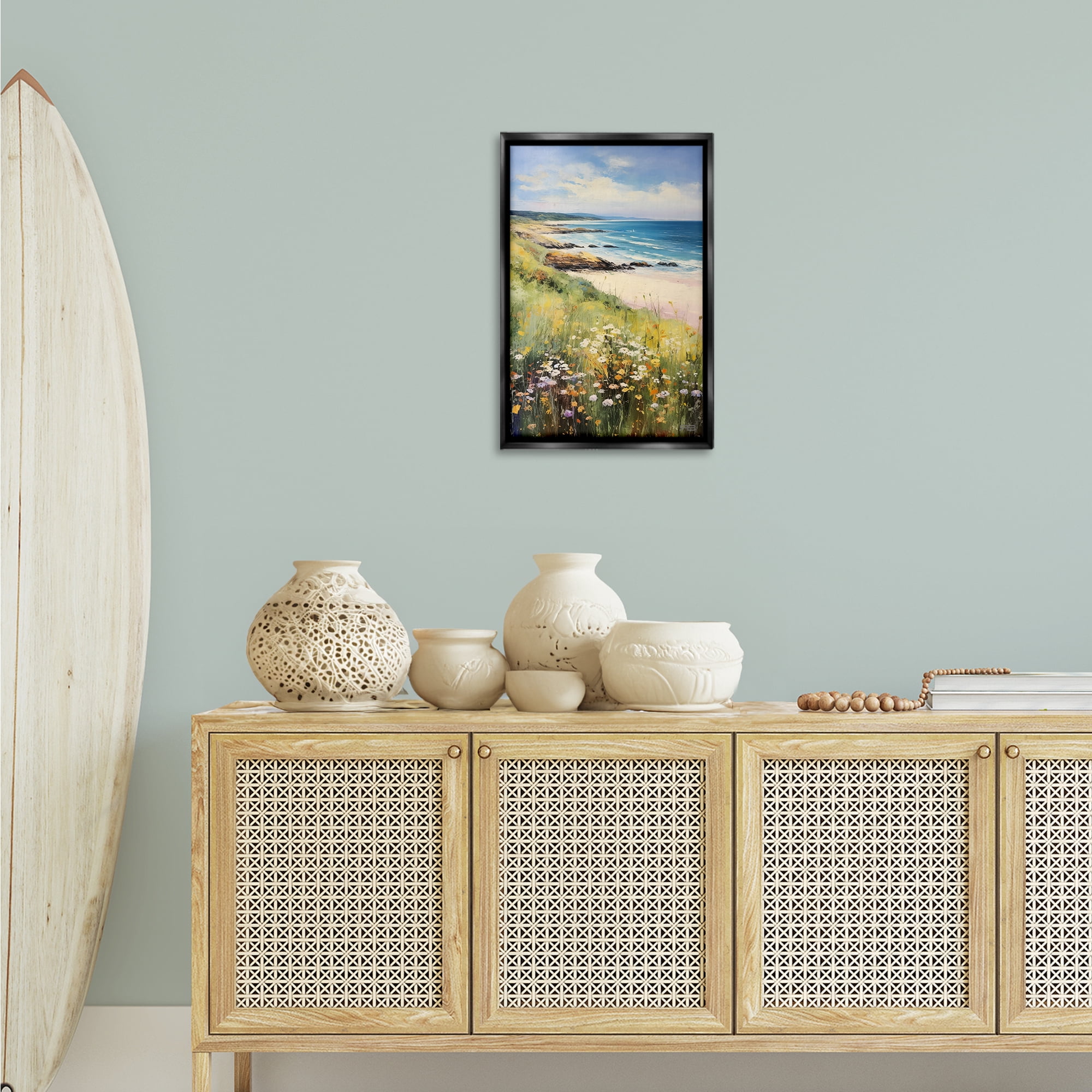 Stupell Industries Meadow Beside Beach Landscape Painting Black Floater Framed Canvas Art Print Wall Art, 17 x 25