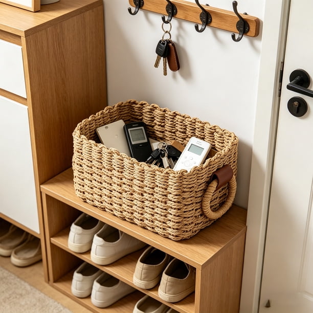 CaiYueKe Woven Storage Basket, Natural Fiber Organizer Basket, Decorative Wicker Bin for Home Bathroom Bedroom Kitchen, Storage Box for Cosmetics Toys, Handmade Rattan Basket, Rustic Organizer