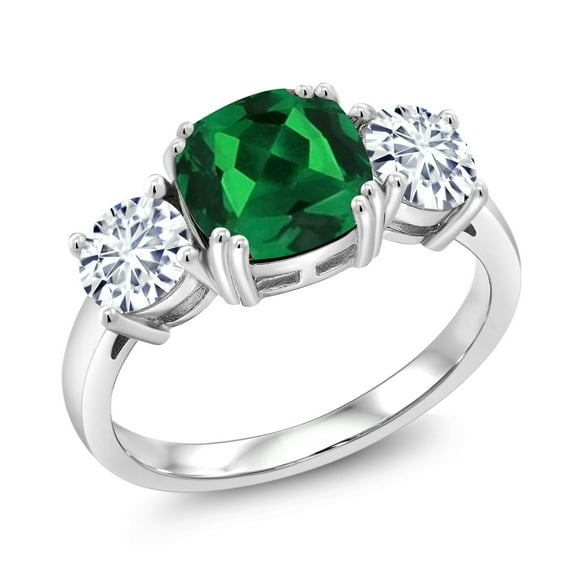 Gem Stone King 3.50 Cttw Green Nano Emerald and Moissanite 3 Stone Engagement Ring for Women | 925 Sterling Silver | Cushion 8MM | Three Stone Wedding Engagement Anniversary Ring for Women| Size 7
