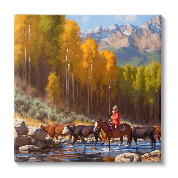 Stupell Industries Herding Cattle Through Stream Landscape Painting Gallery Wrapped Canvas Art Print Wall Art, 24 x 24