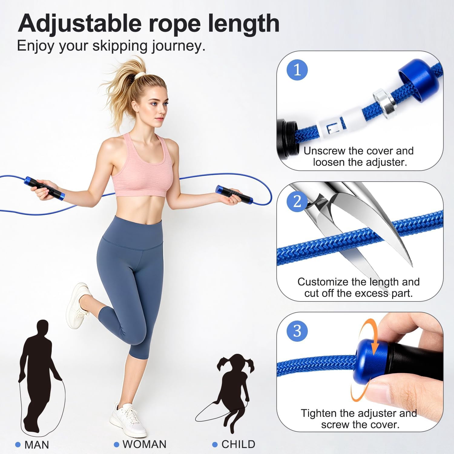 1LB Weighted Jump Rope, Aluminum Handle Tangle-Free Speed Skipping Rope with Ball Bearing, Adjustable 9mm Cotton & PVC Cord for MMA Boxing CrossFit Workout, Blue