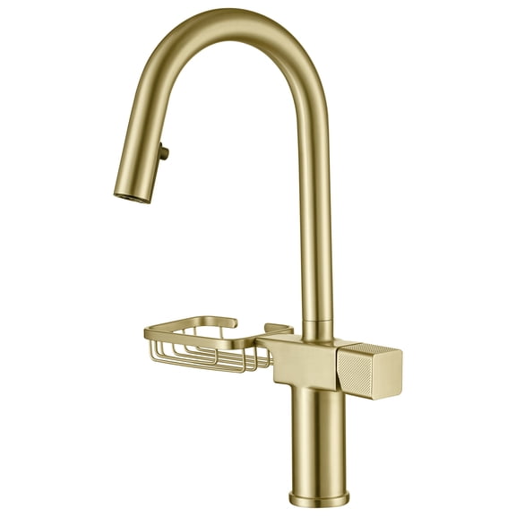 High Arc Pull-Down Kitchen Faucet, Single Hole, Brushed Gold, 10.7" Spout | Dual spray modes, 360° rotation, and built-in storage shelf for versatile kitchen tasks and easy organization