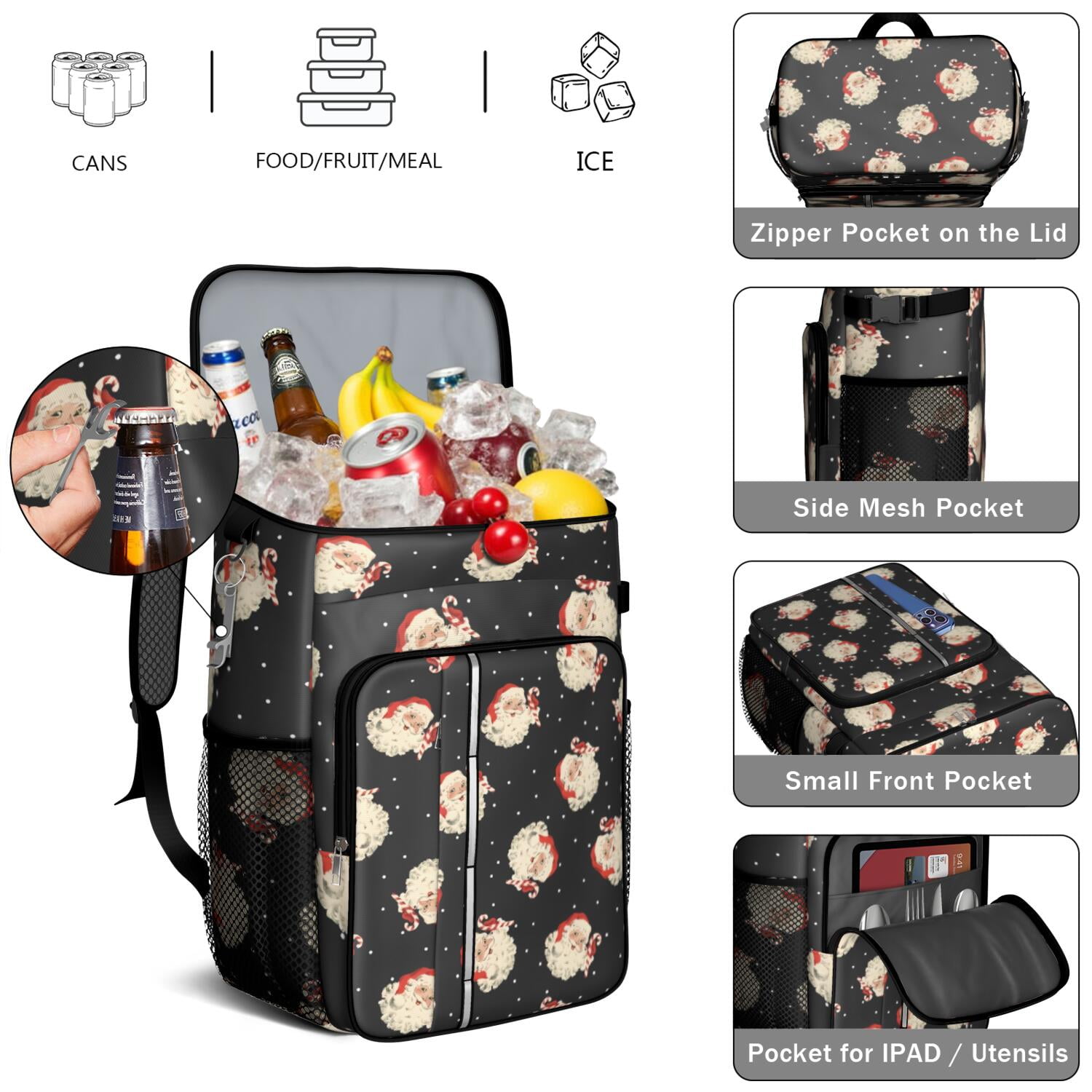 Travel Cooler Bag - Black Christmas Santa Pattern Camping Beer Cooler Backpack with Bottle Opener- Waterproof Insulated Picnic Backpacks - Cooler Bag for Beach