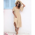thumbnail image 4 of Vestido de verano AUSELILY para mujer, cuello en V, manga corta, midi, albaricoque, 4 of 5
