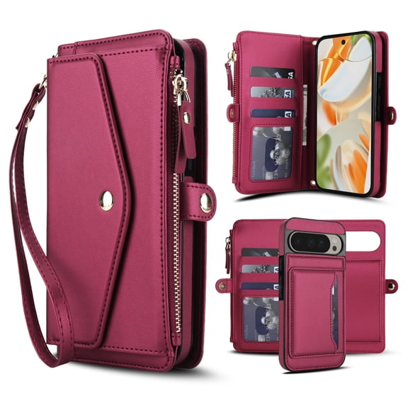 Designed for Google Pixel 9 / 9 Pro Multi-Function Wallet Phone Case,With Shoulder Strap&Wrist Strap,Cash Pocket&Card Slots,Zipper Purse,Magnetic Detachable PU Leather Flip Phone Case,Red