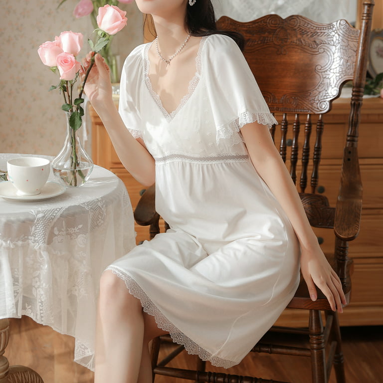 Homgro Women's Cotton Victorian Nightgown Summer Short Flutter Sleeve Scoop  Neck Lace Midi Pajama Dress Sleepwear Knee Length Dressing Gown Built-in Bra  White Medium White Large White X-Large 
