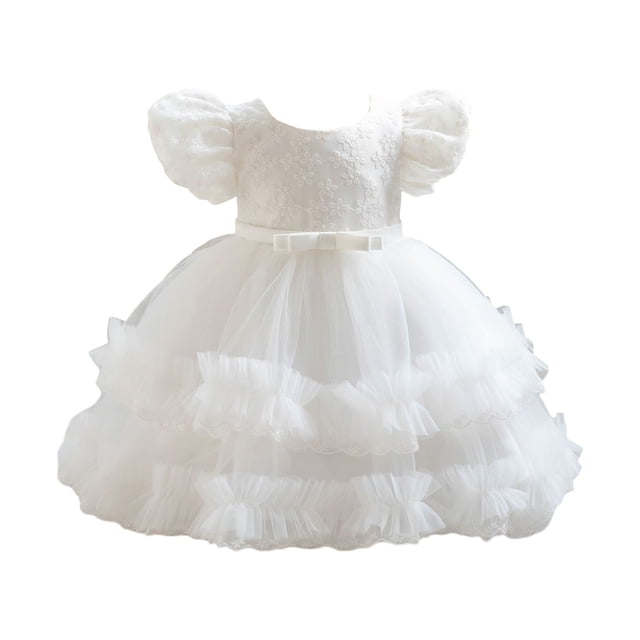 FAIWAD Robe Princesse en Dentelle Brodée pour Bébé Fille, Manches Courtes, Col Rond, Mariage, Fête, Tulle, Robes Bouffantes