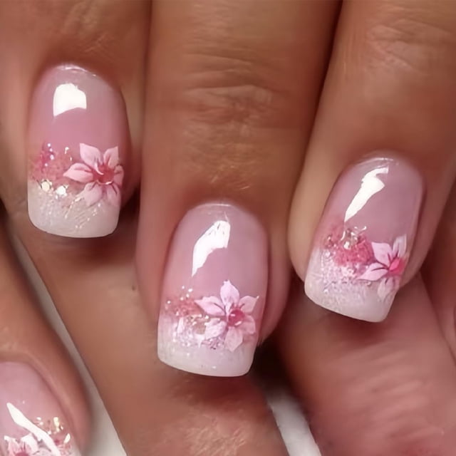 Kit de Uñas Postizas Wuhetyo 24 Piezas Brillantes con Diseño Floral