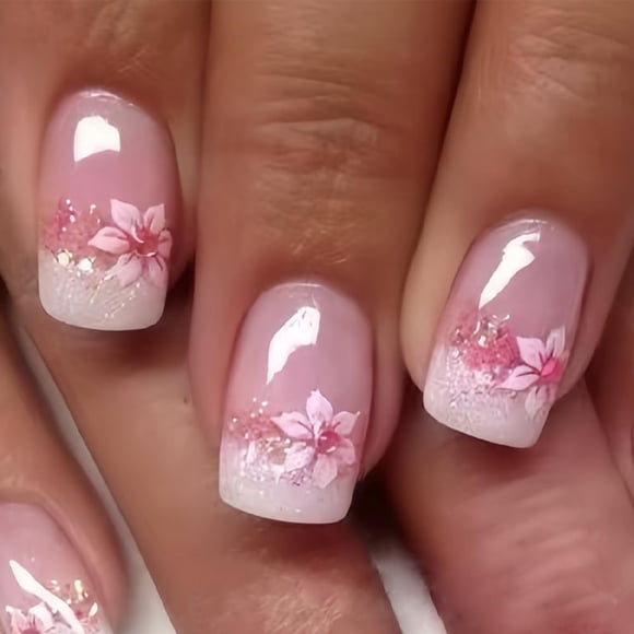 Kit de Uñas Postizas Wuhetyo 24 Piezas Brillantes con Diseño Floral