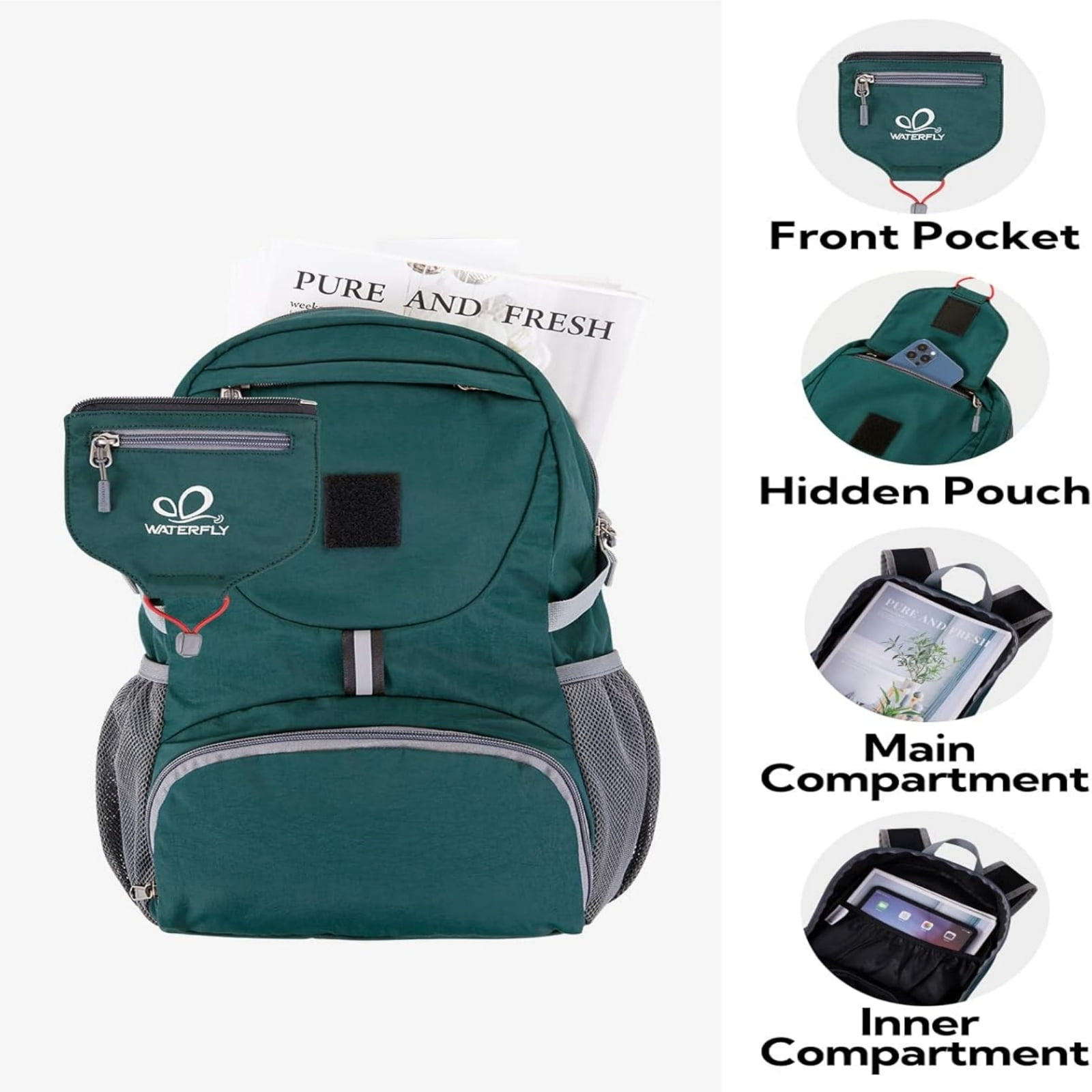 WATERFLY Unisex 20L Small Foldable Packable Travel Hiking Backpacks Daypack,Dark Green