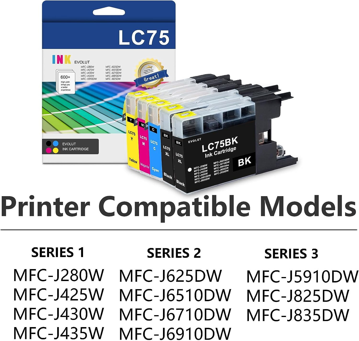 LC75 5-Pack (BK/C/M/Y) High Yield Ink Cartridge Compatible for Brother LC75 Mfc-J280W Printer