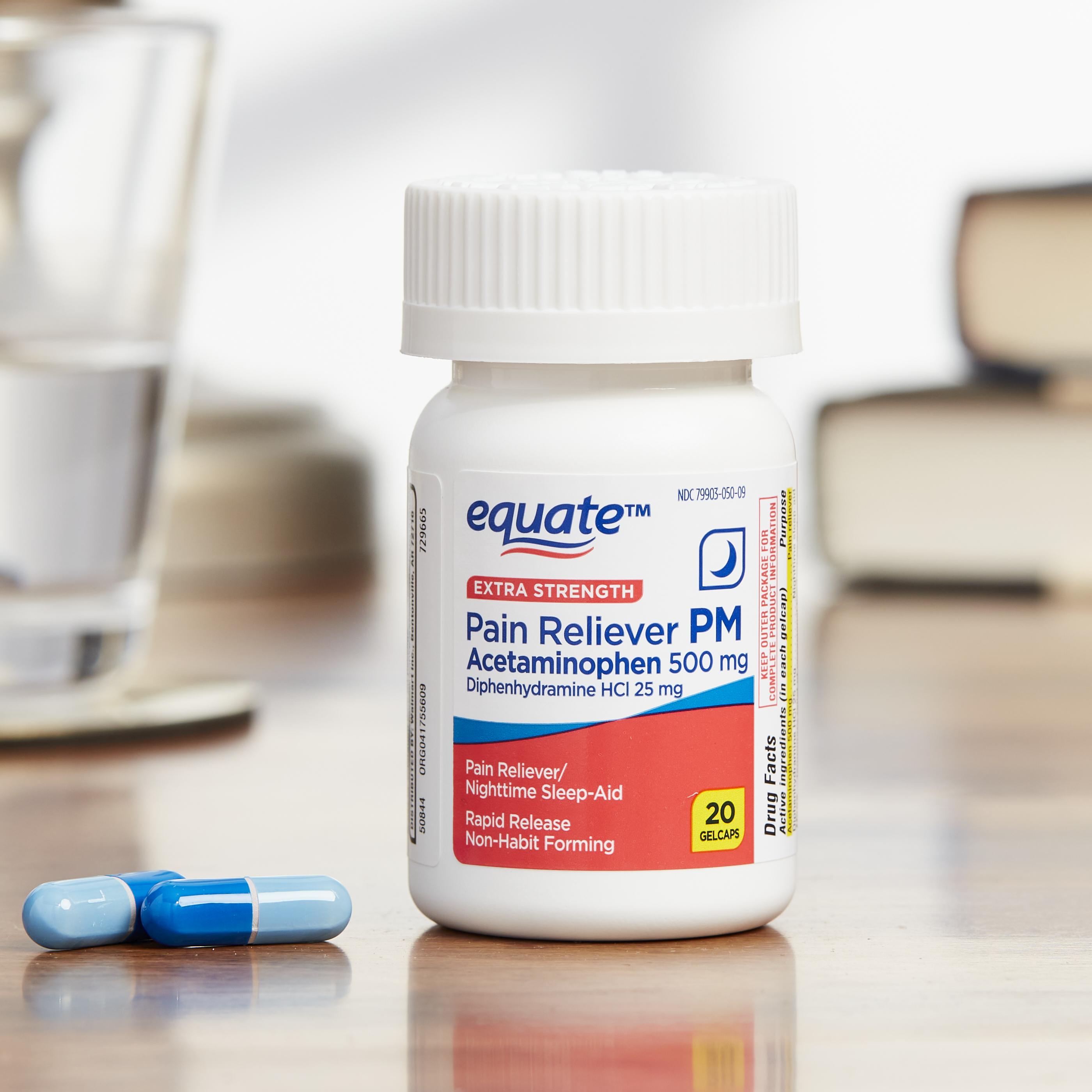 Gelcaps Equate de acetaminofén y difenhidramina HCL de resistencia extra para alivio nocturno del dolor, 20 unidades 2