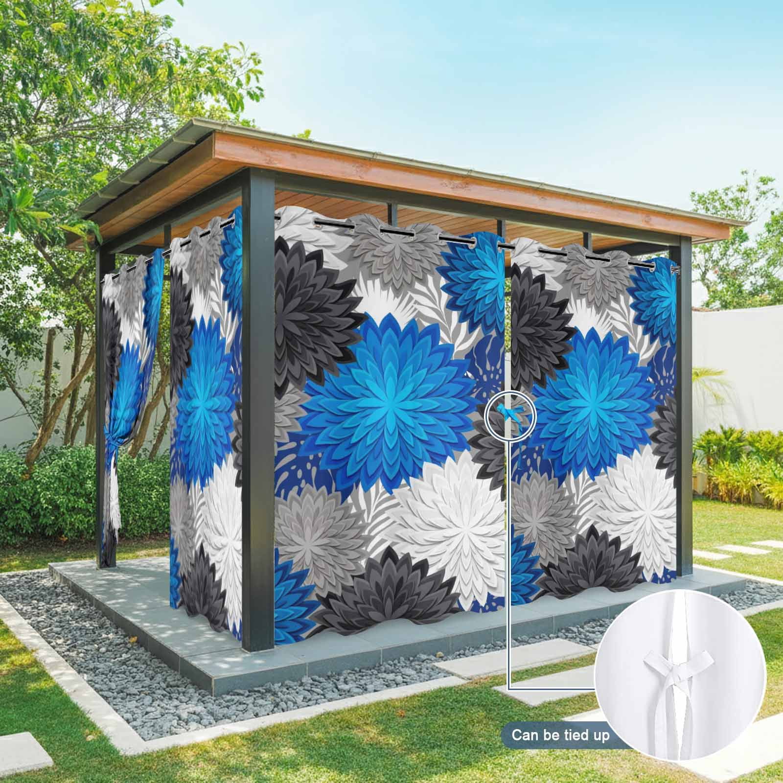 Blue Flower Bloom Outdoor Curtains for Patio, Modern Abstract Minimalist Black and White Floral Sunshade Privacy Drapes Grommet Waterproof Outside Curtains for Porch/Cabana/Balcony 54"x 108", 1 Panel