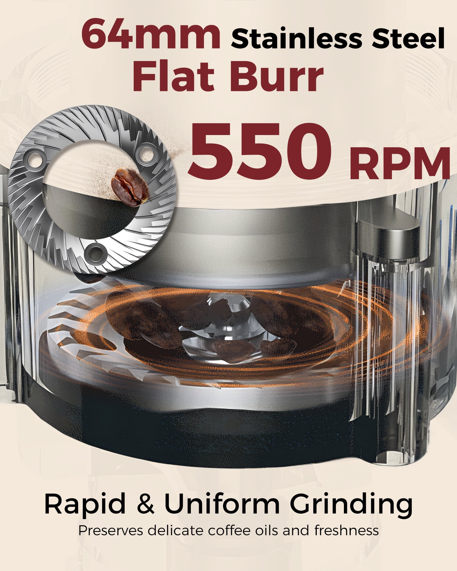 Tuni G3 64mm Flat Burr Coffee Grinder, 100 Grind Settings Electric Espresso Grinder with Single Dose Set | Commercial Grade Precision, Touchscreen | Anti-Static Tech | Stainless Steel (Ivory)