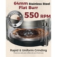 thumbnail image 4 of Tuni G3 64mm Flat Burr Coffee Grinder, 100 Grind Settings Stainless Steel  Electric Espresso Grinder with Single Dose Set | Commercial Grade Precision, Touchscreen | Anti-Static Tech (Silver), 4 of 9