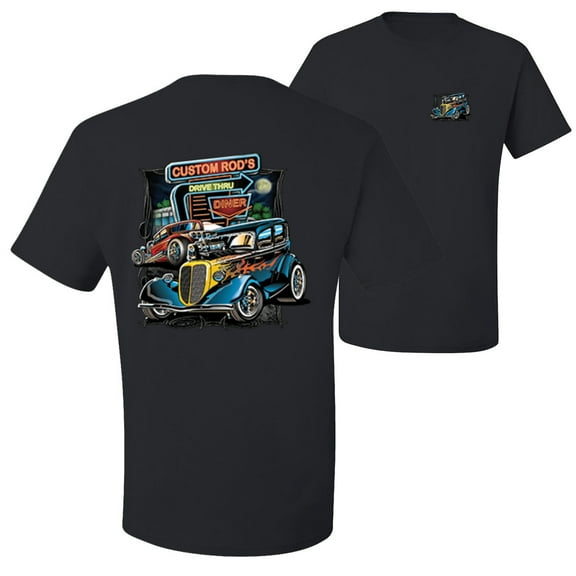 Wild Bobby,Hot Custom Rods Drive Thru Diner Cars and Trucks Front and Back Men's Graphic T-Shirt, Black, Small
