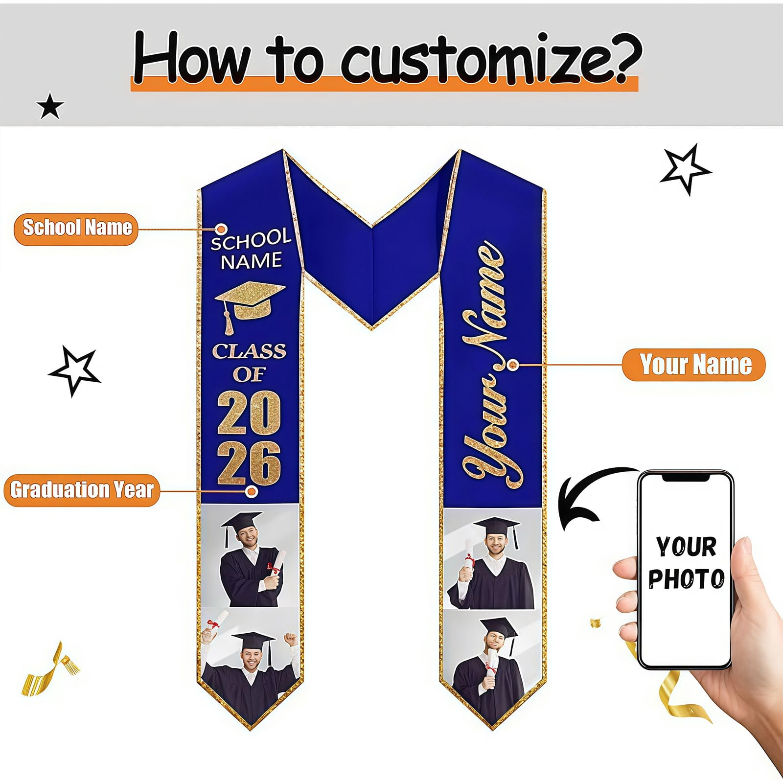 QASIEATN Graduation Stoles Class of Personalized Graduation Stole Grad Stole Daily Wear Casual Accessories Tie for Women