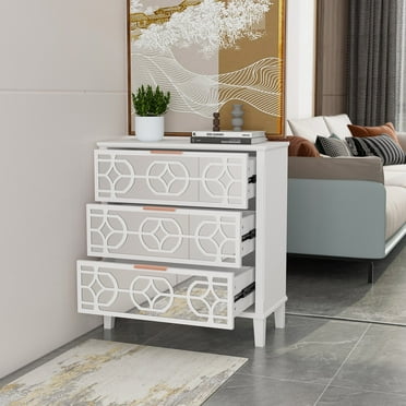 KULAGAGA Mirrored Accent Table with 3 Drawers, Nightstand End Bedside Table for Bedroom Living Room White