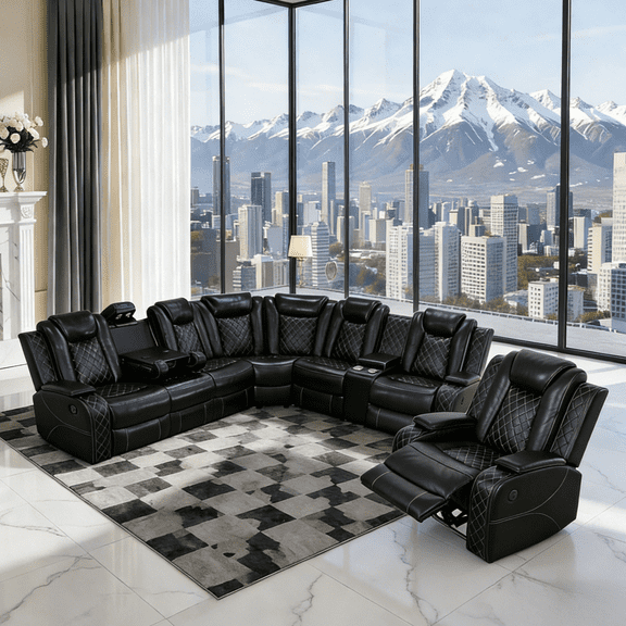 Gewnee Air Leather Power Recliner Corner Sofa with 1-Seat Sofa, Cup Holder, Oversize Sofa Couch for Living Room Home Office Theater Black