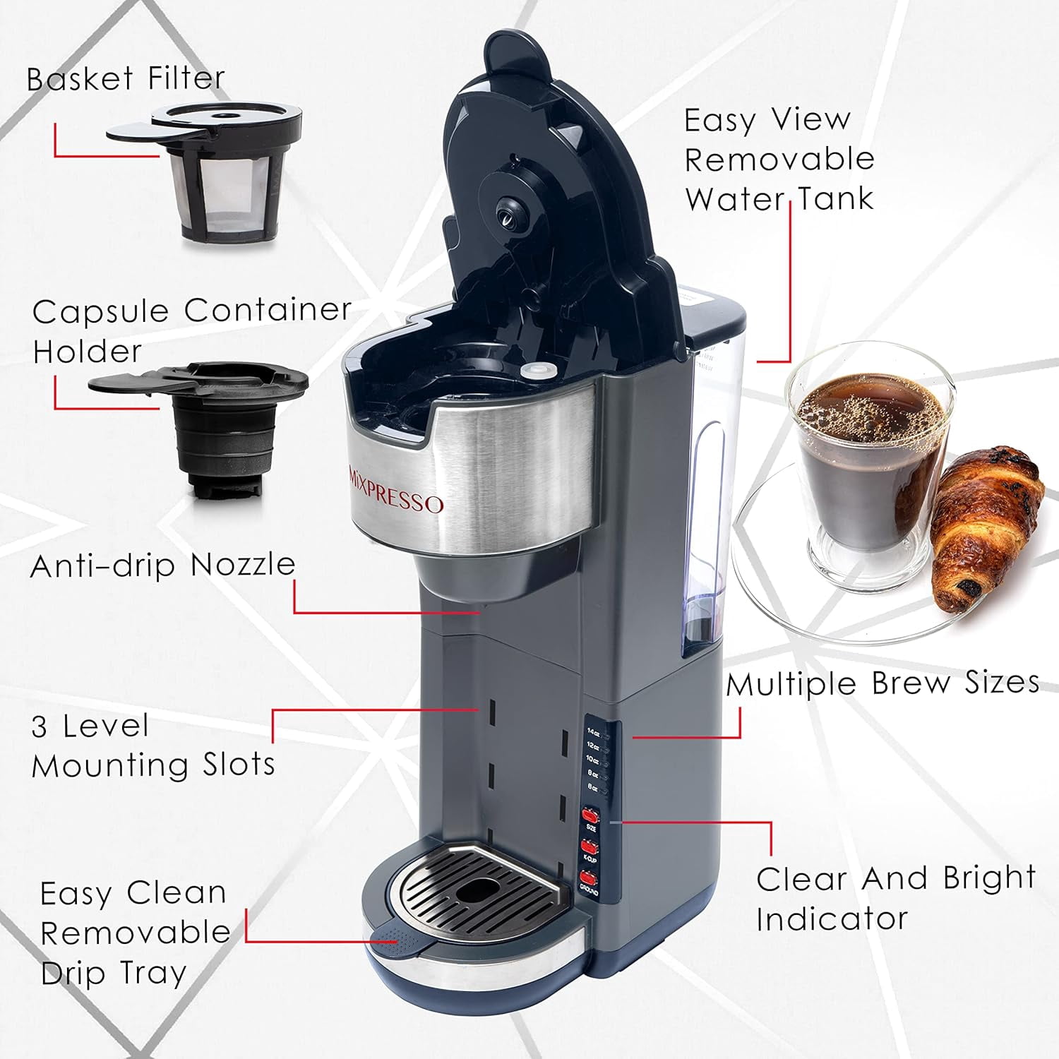 Mixpresso Single Serve Coffee Brewer K-Cup Pods Compatible & Ground Coffee, 30oz Coffee Maker Single Serve 5 Brew Sizes Fits Up To 14Oz Travel Mug, Grey Coffee Maker Adjustable Drip Tray