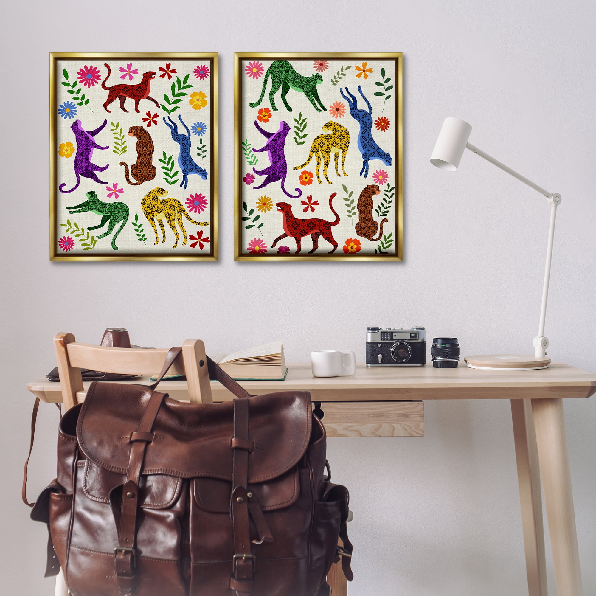 Stupell Industries Patterned Floral Jungle Cats Animals Painting Gold Floater Framed Canvas Art Print Wall Art, 31 x 25, Set of 2