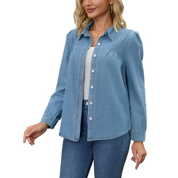 Camisas de mezclilla para mujer con frente plisado, mangas largas abullonadas, livianas y con botones, talla 2XL, color azul