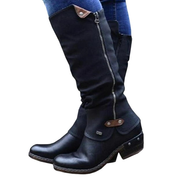 Lallc Women S Knee High Boots Winter Warm Flat Cowboy Biker Zip Up Low Heel Shoes Walmart Com Walmart Com