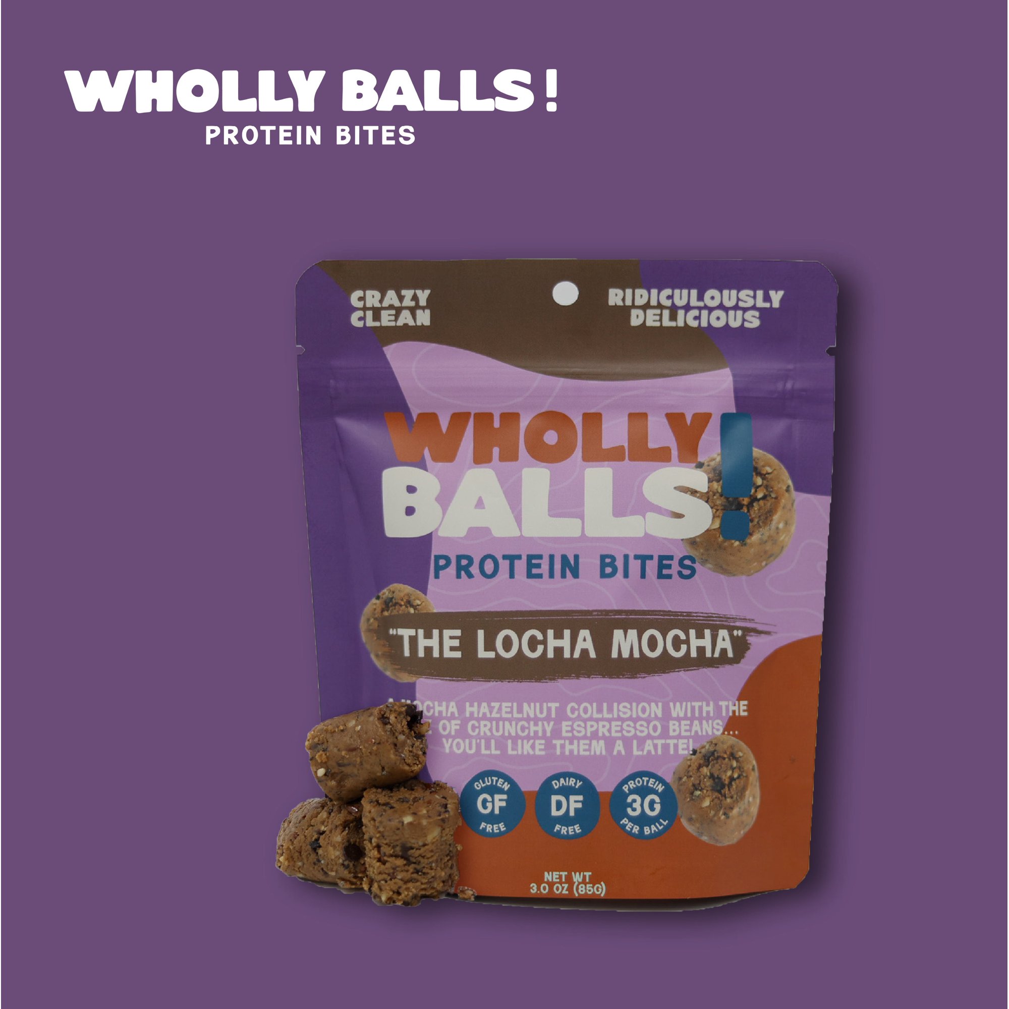 Wholly Balls Protein Bites - Healthy Plant-Based Snack | High Protein, Low Sugar, Gluten-Free Energy Balls (Pack of 12, Loca-Mocha)