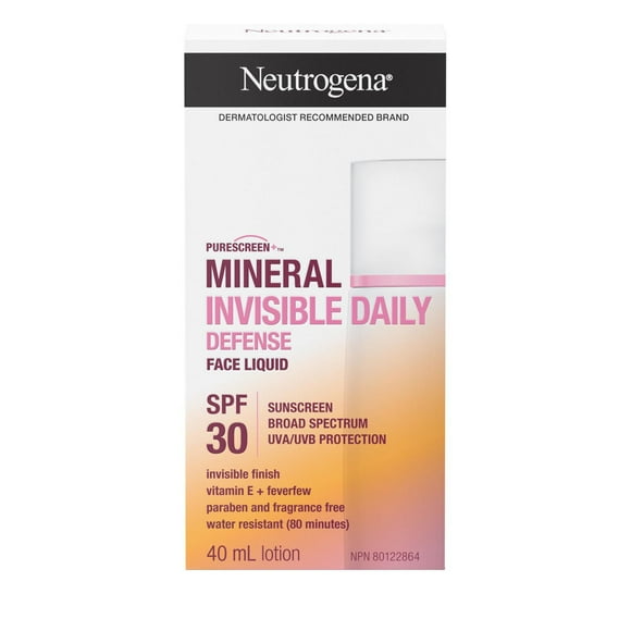 Neutrogena Mineral Invisible Daily Defense Face Liquid Sunscreen, SPF 30, Vitamin E, Feverfew, UVA/ UVB Protection, Water Resistant (80 min), 40 mL